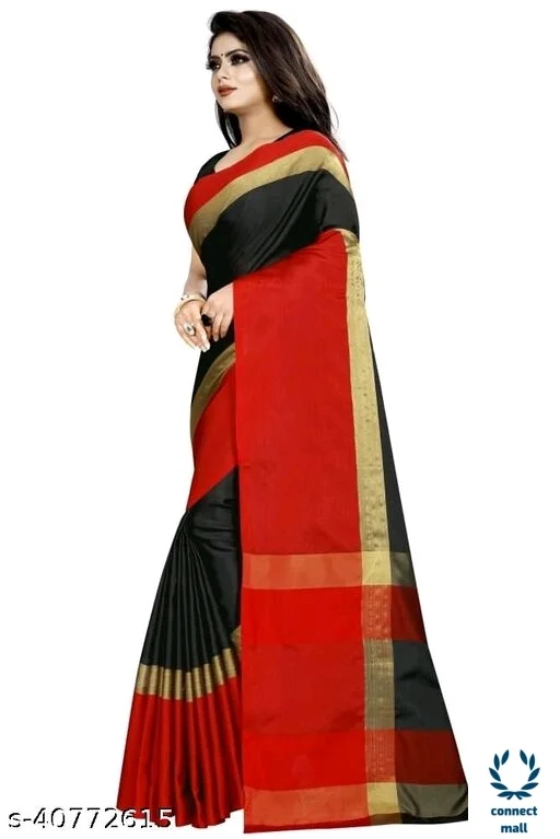 Solid Cotton Silk Sarees With Blouse Piece - Green & Black, Cotton silk, 3