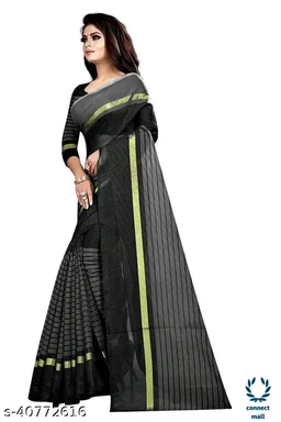 Solid Cotton Silk Sarees With Blouse Piece - Green & Black, Cotton silk, 3