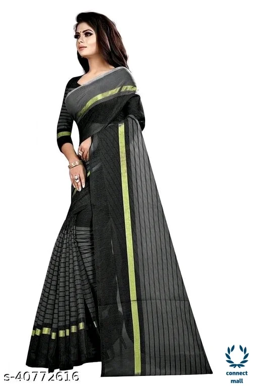 Solid Cotton Silk Sarees With Blouse Piece - Green & Black, Cotton silk, 3