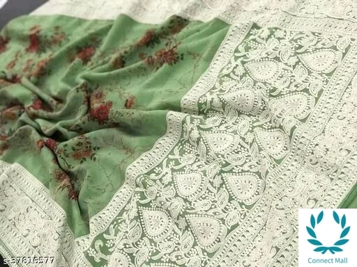 Lucknowi Heavy Chikankari On Printed Saree With Blouse - Green