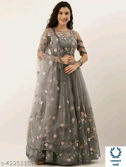 Graceful Chain-Stiched Soft Net Lahenga Choli With Dupatta - Light Choclate Brown, Soft Net, 3, Free Size