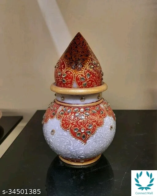 DECORATIVE White Marble Kalash With Nariyal For Karwachauth And Diwali Pooja - Marble