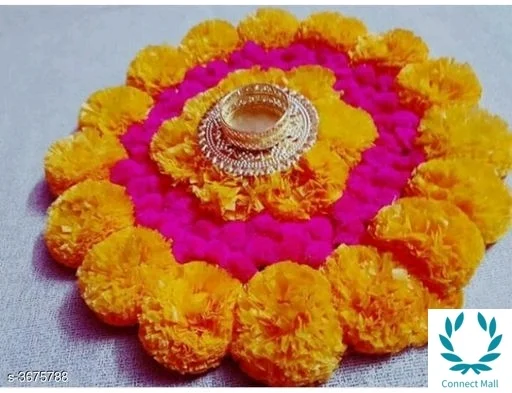 Artificial Marigold Round Flower Mat With Diya