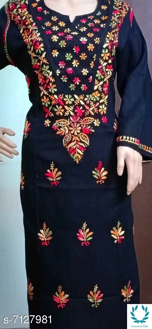Chikankari Cotton Kurti Long Sleeves - Black, M