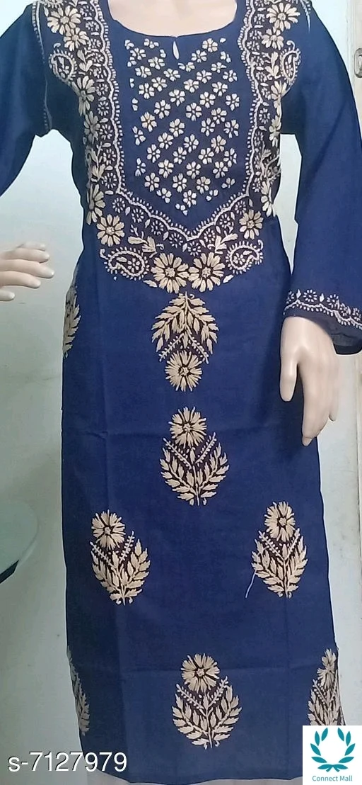 Chikankari Cotton Kurti Long Sleeves - Blue, L