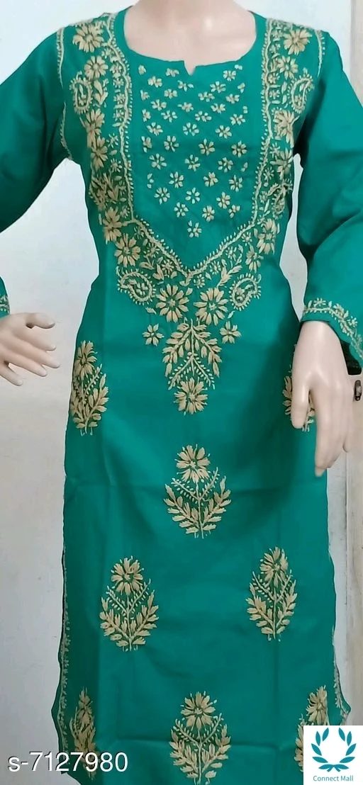 Chikankari Cotton Kurti Long Sleeves - Green, XXXL