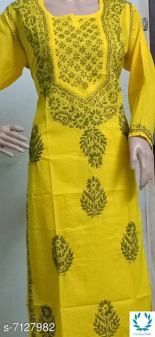 Chikankari Cotton Kurti Long Sleeves - Yellow, XL