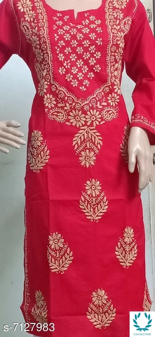 Chikankari Cotton Kurti Long Sleeves - Red, L