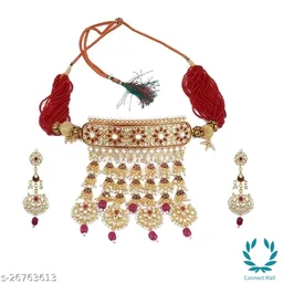 Royal Rajputi Kundan Choker Necklace Set with Earrings – Maroon Moti Bead Chain | Bridal & Festive Jewellery - Adjustable, Gold plated, Choker, Multipack of 1