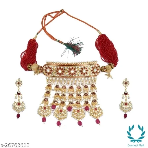 Royal Rajputi Kundan Choker Necklace Set with Earrings – Maroon Moti Bead Chain | Bridal & Festive Jewellery - Adjustable, Gold plated, Choker, Multipack of 1