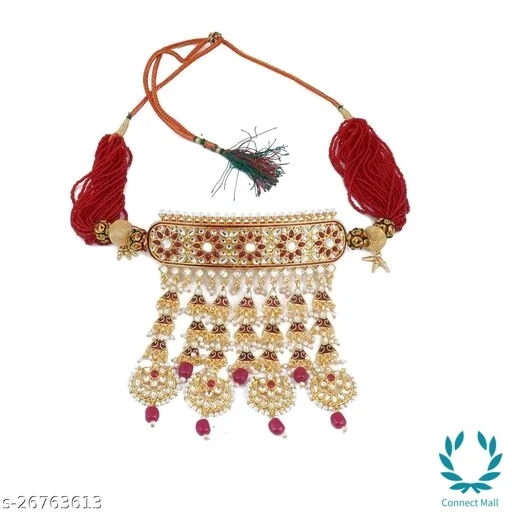 Royal Rajputi Kundan Choker Necklace Set with Earrings – Maroon Moti Bead Chain | Bridal & Festive Jewellery - Adjustable, Gold plated, Choker, Multipack of 1