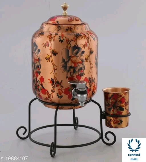 Copper Art Printed Copper water dispenser (Matka/Pot) Container Pot Water Tank 5000 ML with 1 copper glass and Stand for Home - Red Copper