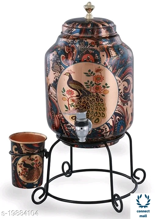 Copper Art Printed Copper water dispenser (Matka/Pot) Container Pot Water Tank 5000 ML with 1 copper glass and Stand for Home< - Peacock Printed