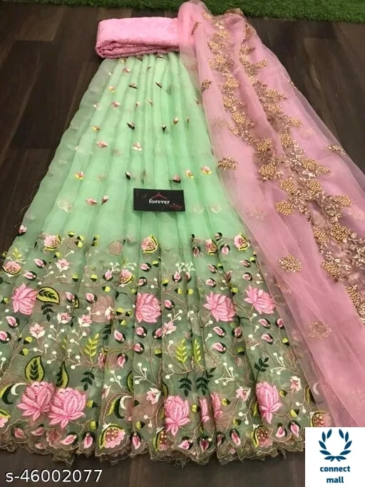 HEAVY BANGLORY SILK WITH MULTY THRED WORK ALLOVER LAHENGHA - L×B, Green & Pink, Silk