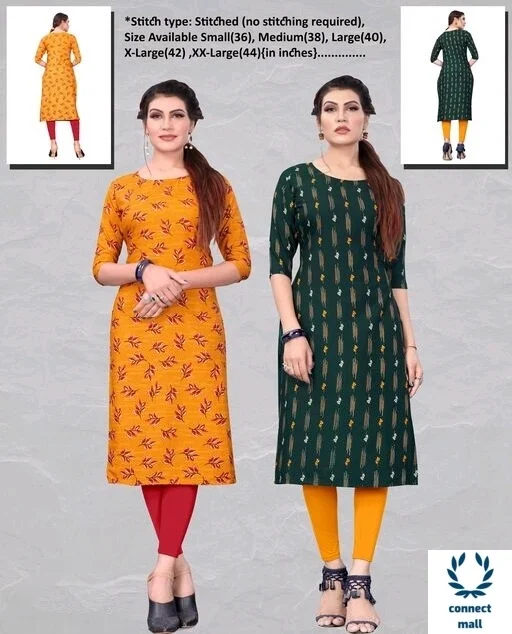 Crepe Three Quarter Sleeves Printed Straight Aline Readymade Kurtis For Women Pack of 2 - Yellow & Green, S