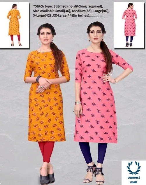 Crepe Three Quarter Sleeves Printed Straight Aline Readymade Kurtis For Women Pack of 2 - Yellow & Green, S