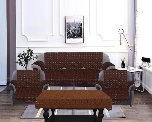 Reversable Cotton 5 Seater Sofa Cover With 6 Pieces Arms cover And 1 Center Table Cover Use Both Side, Living Room, Drawing Room, Bedroom, Guest Room (Set Of17, White) - Brown