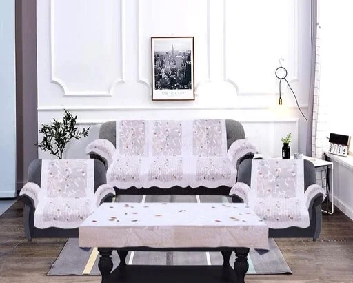 Reversable Cotton 5 Seater Sofa Cover With 6 Pieces Arms cover And 1 Center Table Cover Use Both Side, Living Room, Drawing Room, Bedroom, Guest Room (Set Of17, White) - Floral Printed White
