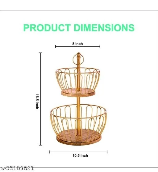 Trendy Handicraft 2 metal and wooden Tier kitchen fruit and vegetable Basket for Organizing and Decorate in living Room and Dinnerware