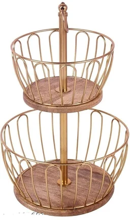 Trendy Handicraft 2 metal and wooden Tier kitchen fruit and vegetable Basket for Organizing and Decorate in living Room and Dinnerware