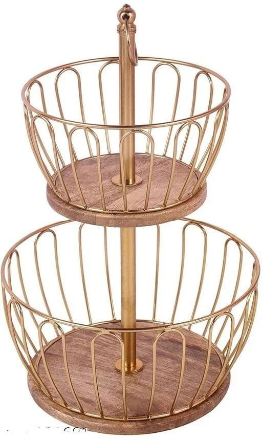 Trendy Handicraft 2 metal and wooden Tier kitchen fruit and vegetable Basket for Organizing and Decorate in living Room and Dinnerware
