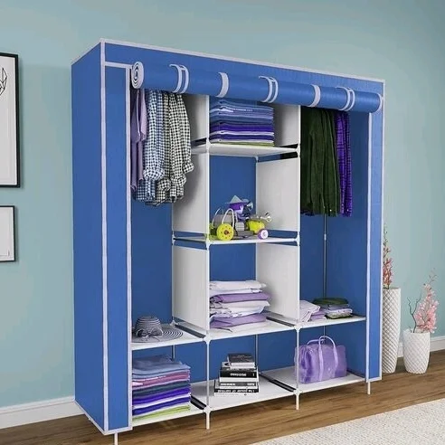 8 Shelf Non Woven Collapsible Wardrobe 3 Doors portable Folding Cabinet - Blue