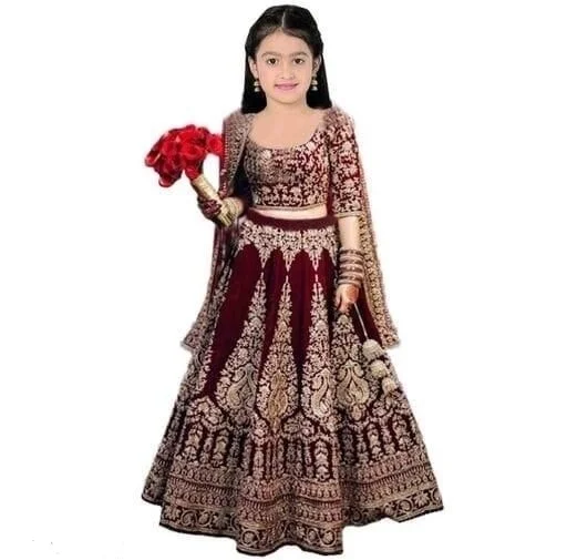 Girls velvet Semistiched Embroidery Lahenga choli FOR Birthdays/ Festivals/Special Occasion - Dark Brown, 7-8Yrs