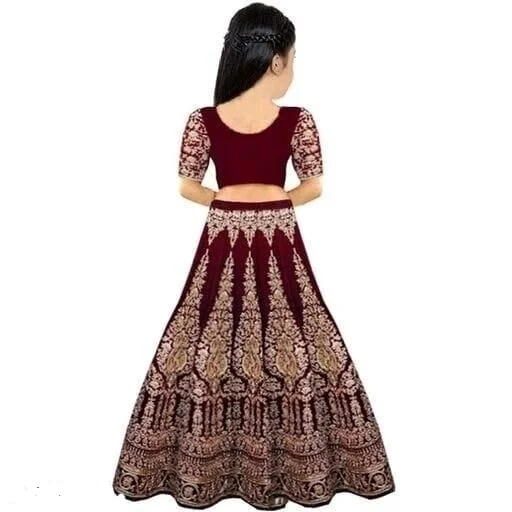 Girls velvet Semistiched Embroidery Lahenga choli FOR Birthdays/ Festivals/Special Occasion - Dark Brown, 8-9Yrs