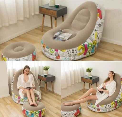 Inflatable Green Sofa lounger Blow up Couch / Air Chair with Foot Stool Furniture for living Room Indoor and Outdoor - Brown