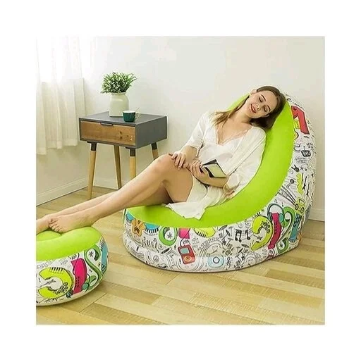 Inflatable Green Sofa lounger Blow up Couch / Air Chair with Foot Stool Furniture for living Room Indoor and Outdoor - Green