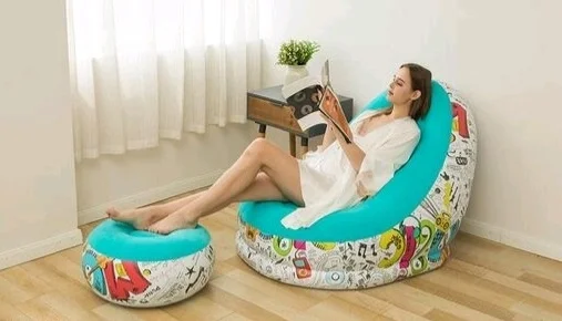 Inflatable Green Sofa lounger Blow up Couch / Air Chair with Foot Stool Furniture for living Room Indoor and Outdoor - Blue