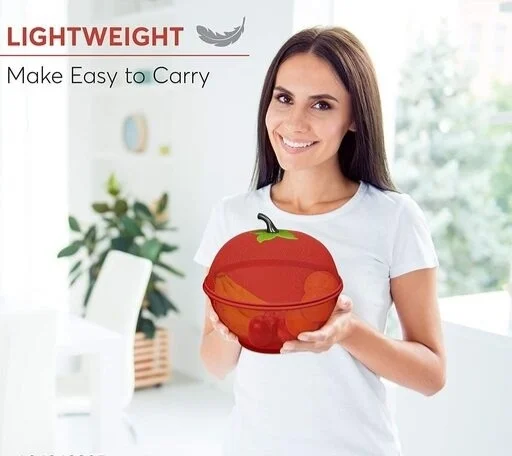 Apple Shape Fruits Bowl Basket with lid- Fly Proof Vegetable Strainer and Countertop Storage - Red