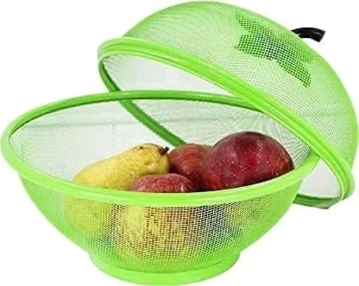 Apple Shape Fruits Bowl Basket with lid- Fly Proof Vegetable Strainer and Countertop Storage - Red