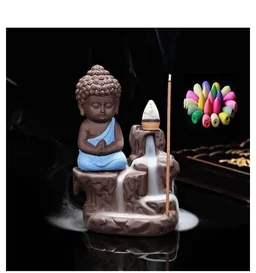 Lord Ganesha Sitting mediating beside waterfall With scented smoke incense perfect for Pooja house /House Warming Gift - Yellow