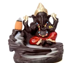 Lord Ganesha Sitting mediating beside waterfall With scented smoke incense perfect for Pooja house /House Warming Gift - Yellow