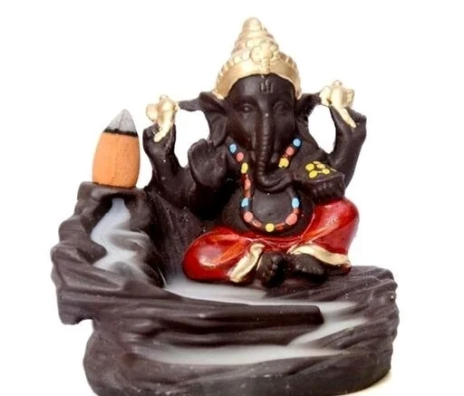 Lord Ganesha Sitting mediating beside waterfall With scented smoke incense perfect for Pooja house /House Warming Gift - Yellow