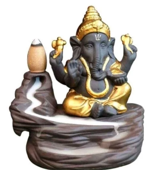 Lord Ganesha Sitting mediating beside waterfall With scented smoke incense perfect for Pooja house /House Warming Gift - Yellow