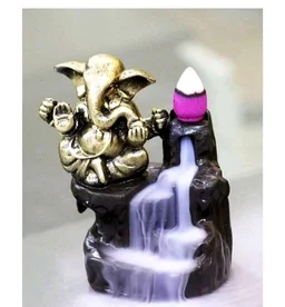 Lord Ganesha Sitting mediating beside waterfall With scented smoke incense perfect for Pooja house /House Warming Gift - Yellow
