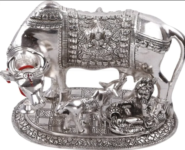 Silver plated kamdenu cow Statu Calf along with Balkrishana - Gray