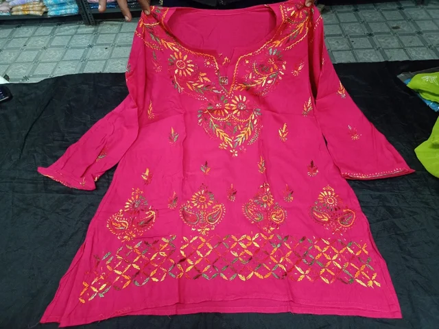 Stylish Lucknowi Chikankari Handwork multithread Rayon Short Kurti For ladies Women - Wild Watermelon