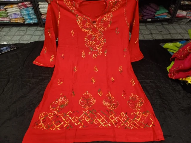 Stylish Lucknowi Chikankari Handwork multithread Rayon Short Kurti For ladies Women - Wild Watermelon