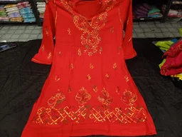 Stylish Lucknowi Chikankari Handwork multithread Rayon Short Kurti For ladies Women - Wild Watermelon