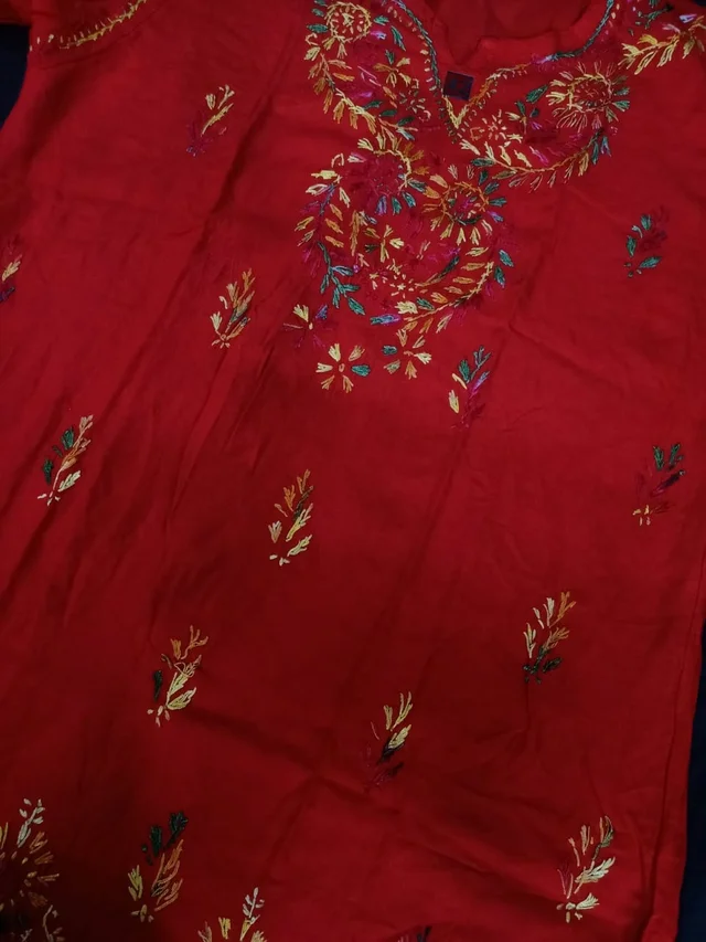 Stylish Lucknowi Chikankari Handwork multithread Rayon Short Kurti For ladies Women - Wild Watermelon