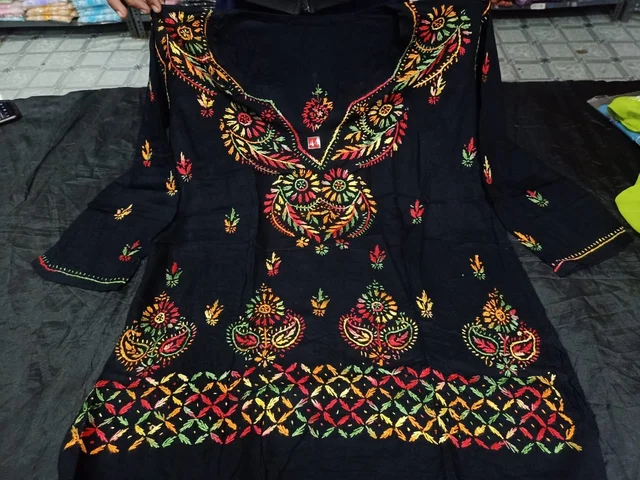 Stylish Lucknowi Chikankari Handwork multithread Rayon Short Kurti For ladies Women - Wild Watermelon