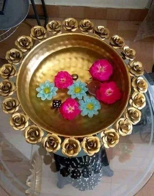 Round Flower Border Designer Decorative URLI For Flitting Flower - Golden, Metal, pack of 2, Round, Free Size