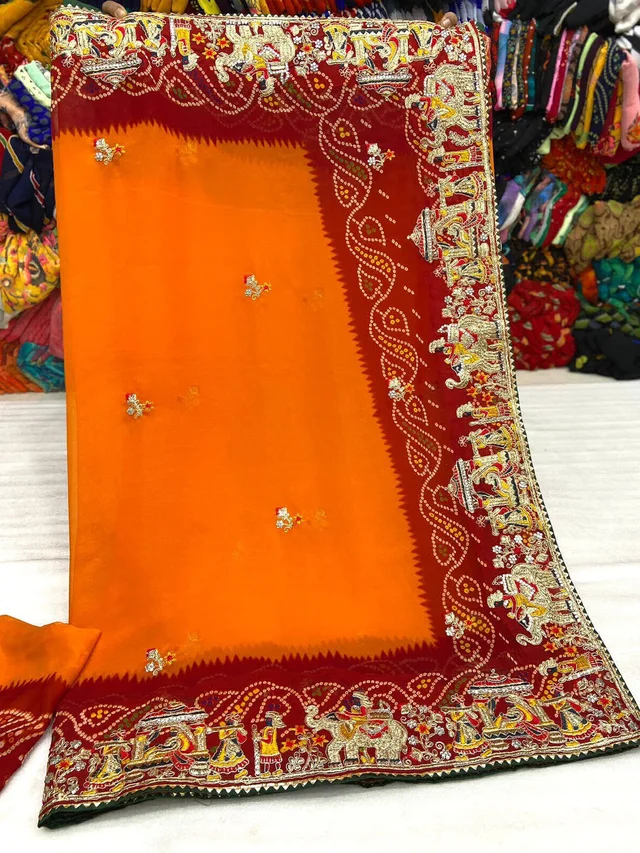 SB Fashion Presents Heavy Pedding Bandhani Print With Multi Coding Lace Diamond Work All Over Saree For Partywear /Festival /Special Occasion