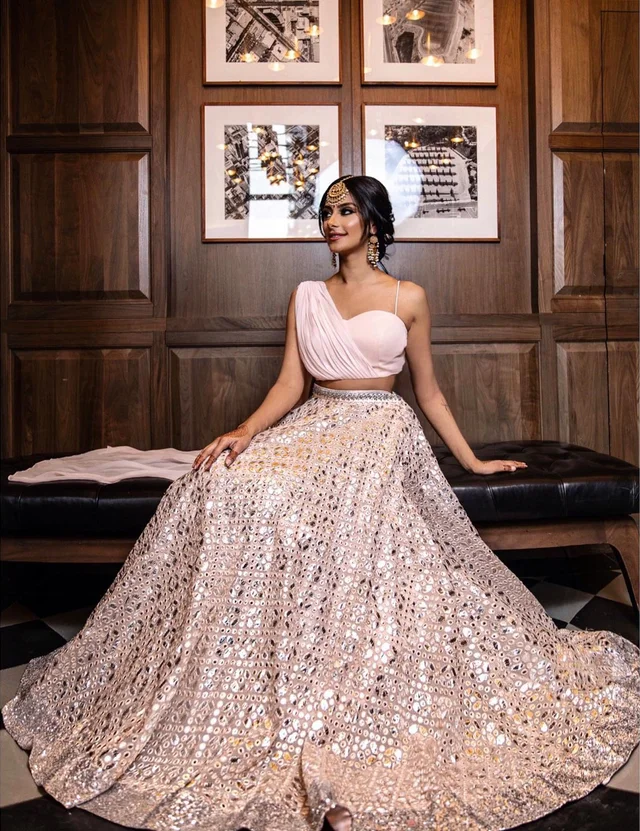 PartyWear Ready To Wear Sequins Embroidery Bridal Look Lahenga For Bridesmaid In Indowestern Style Co-ord With Heart Shape Fully Stitched Blouse For Stunning Evening Cocktail Party/Reception and Sangeet Function.