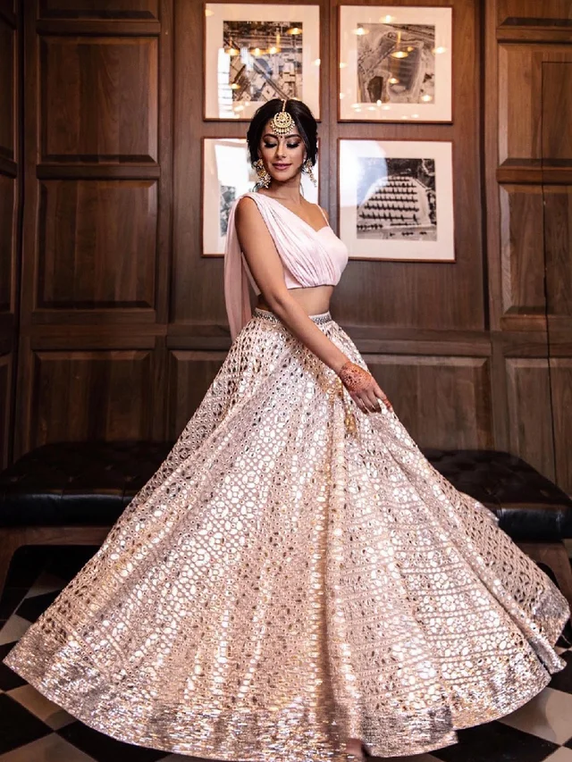 PartyWear Ready To Wear Sequins Embroidery Bridal Look Lahenga For Bridesmaid In Indowestern Style Co-ord With Heart Shape Fully Stitched Blouse For Stunning Evening Cocktail Party/Reception and Sangeet Function.