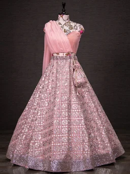 PartyWear Ready To Wear Sequins Embroidery Bridal Look Lahenga For Bridesmaid In Indowestern Style Co-ord With Heart Shape Fully Stitched Blouse For Stunning Evening Cocktail Party/Reception and Sangeet Function.