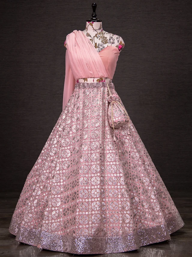 PartyWear Ready To Wear Sequins Embroidery Bridal Look Lahenga For Bridesmaid In Indowestern Style Co-ord With Heart Shape Fully Stitched Blouse For Stunning Evening Cocktail Party/Reception and Sangeet Function.